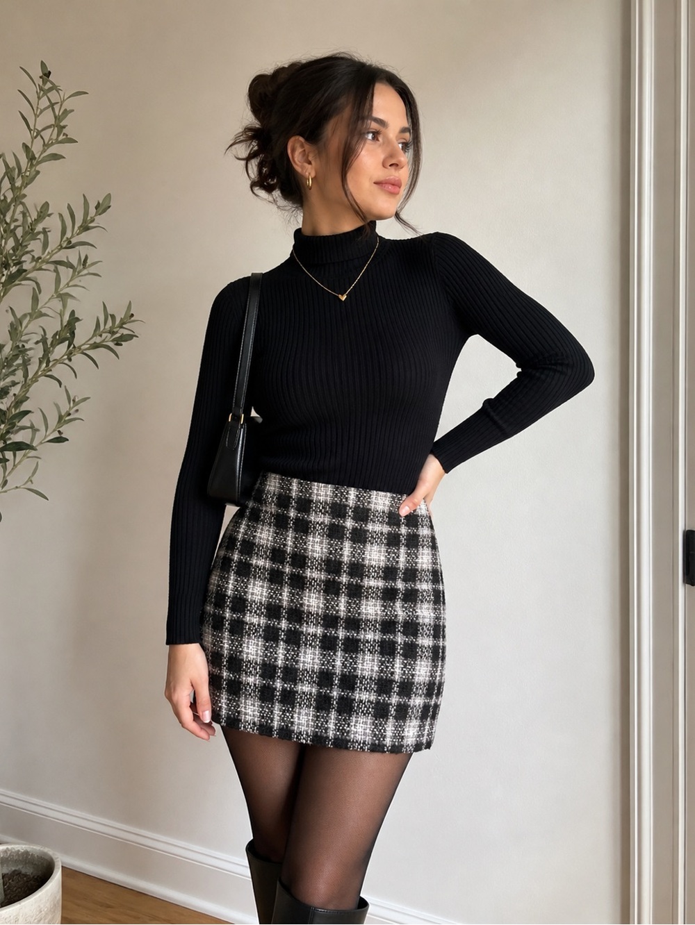 Zara Black and White Tweed Waistband Skirt